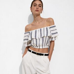 Paper Heart White Blue Ruffled Off Shoulder Crop Top Y2K Festival Boho Size S